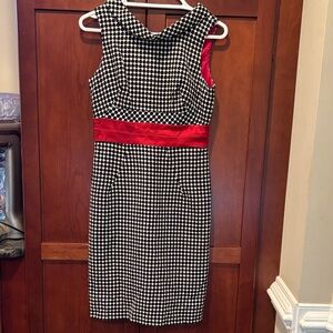 Donna Ricco Black and White Houndstooth Dress with Red detail.